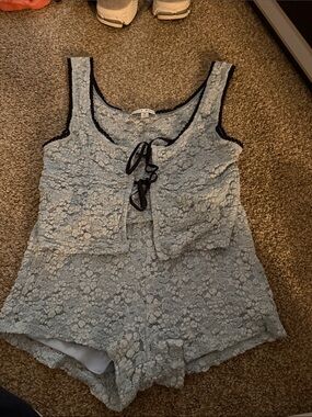 Light Blue Lace Sleep Romper with Black Trim by Unknown Brand